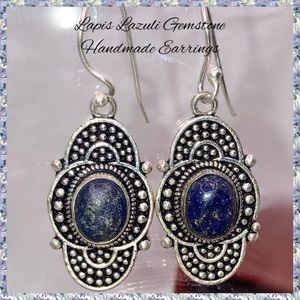 Lapis Lazuli Gemstone Rustic Handmade Dangle Drop Halo Earrings